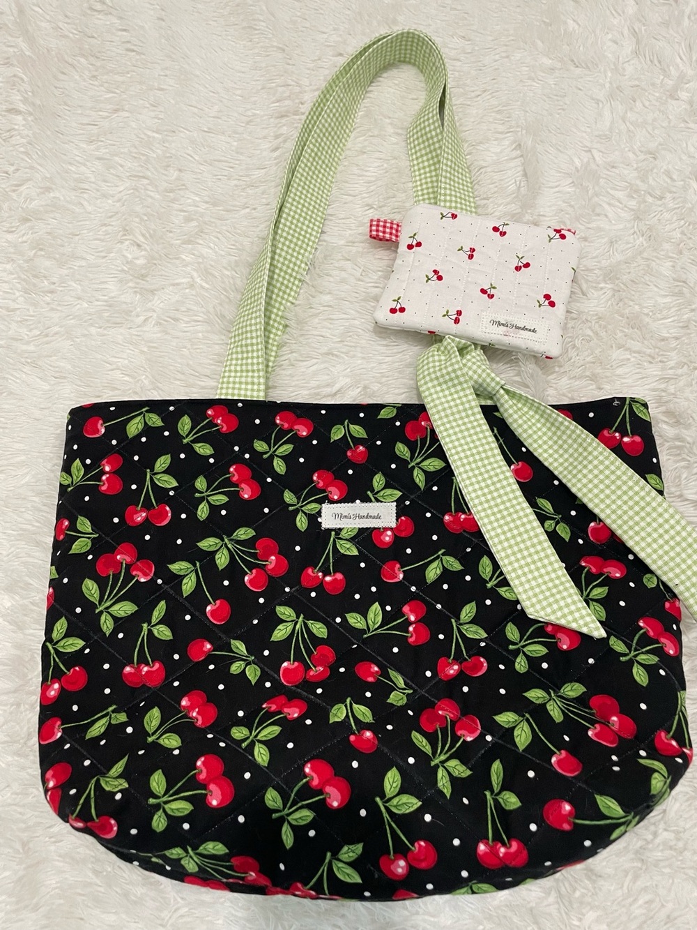 Handmade Cherry Print Tote Bag with Matching Wallet – Black & Red